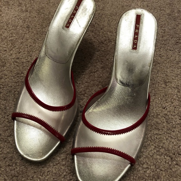 Prada vintage silver and red slip on heels 38 - Picture 2 of 5